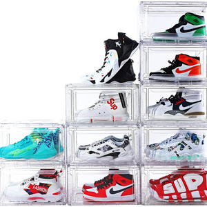 Custom Full Transparent Plastic Shoe Storage Container Box Foldable Side Open Sneaker Shoe Organizer Box