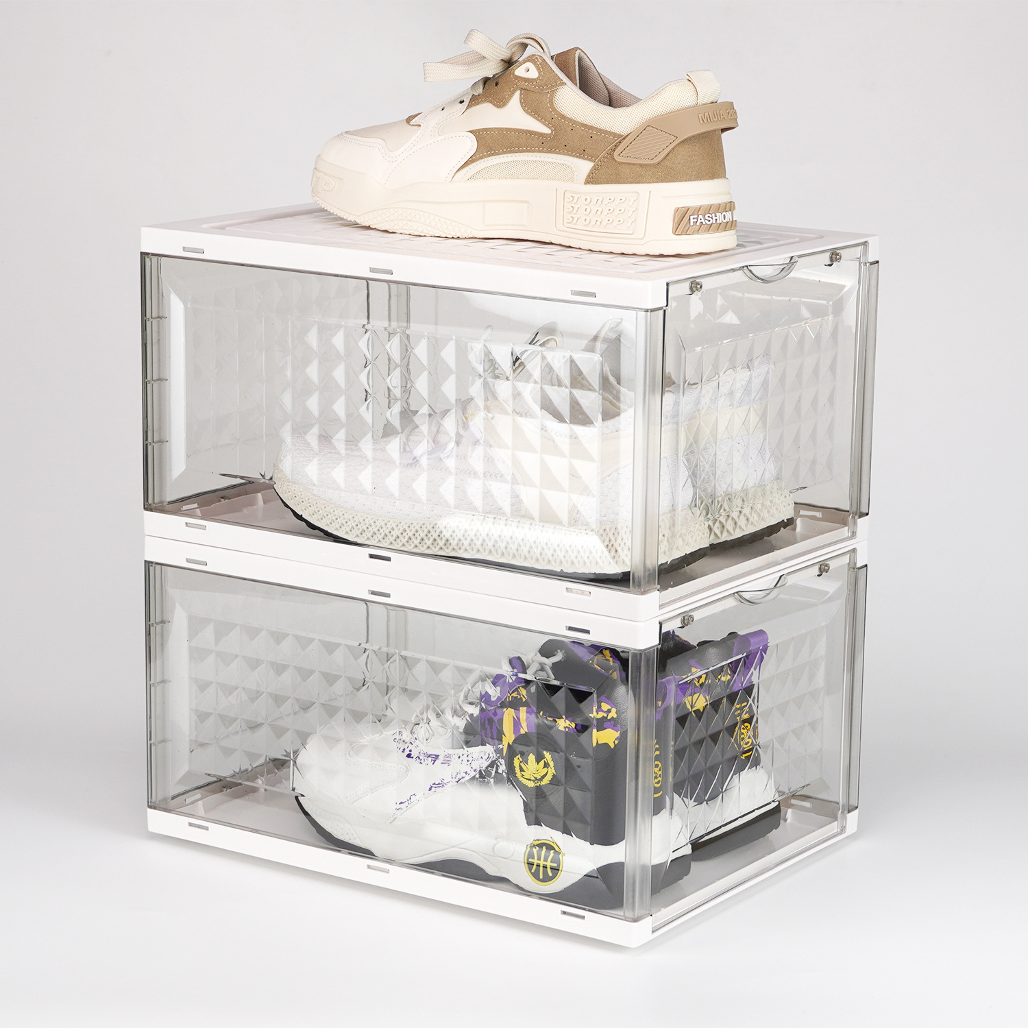 Custom Full Transparent Plastic Shoe Storage Container Box Foldable Side Open Sneaker Shoe Organizer Box