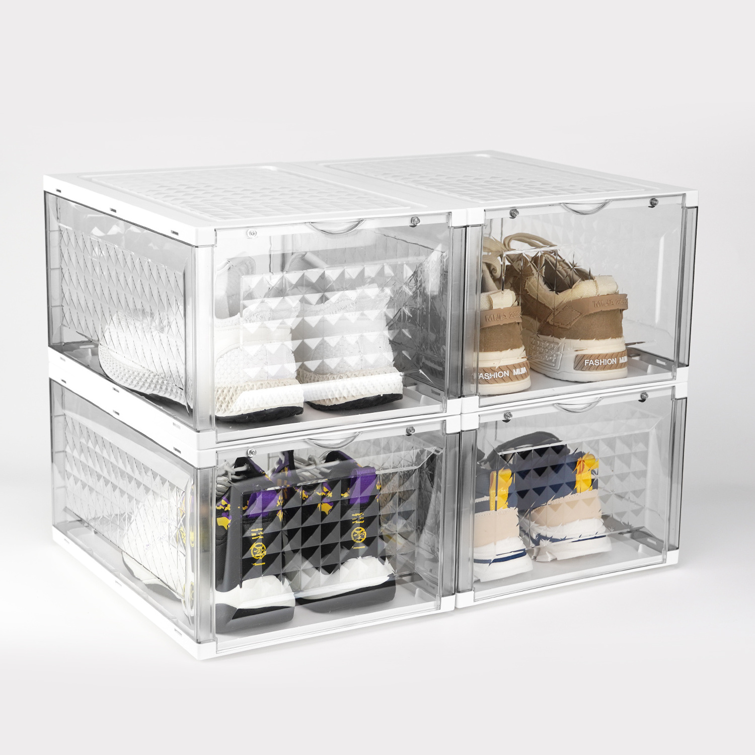 Custom Full Transparent Plastic Shoe Storage Container Box Foldable Side Open Sneaker Shoe Organizer Box