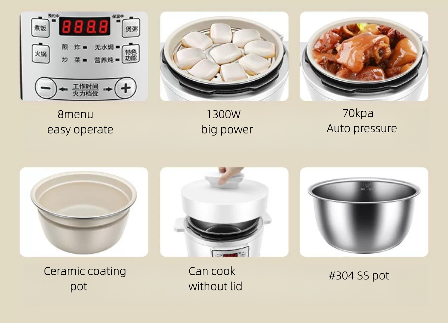 6 Quart Stainless Steel Multi-Function Programmable with Slow Cooker Saute Hotpot Stir-fry Rice Cooker Electric Pressure Cooker