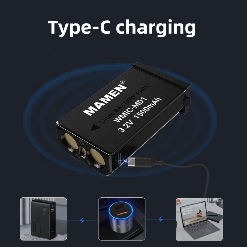 Mamen WMIC01 Type-C Batteries Rechargeable Polymer Lithium ion Battery Price 18650 Lithium Wireless Microphone Battery