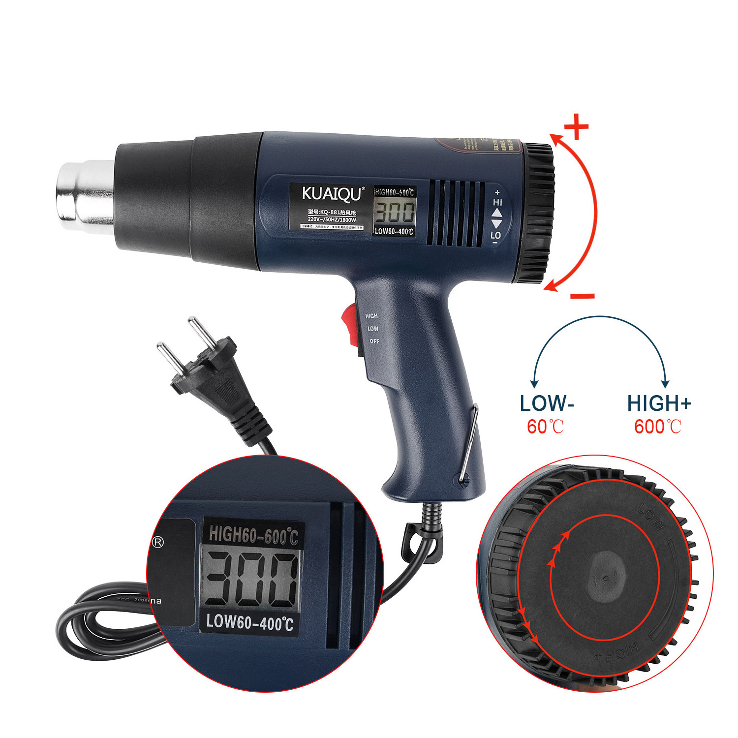 KQ881 60~600 1800W Digital LCD Display Portable Electric Heater Mobile Repairing Hot Air Soldering Gun With 7 Nozzles