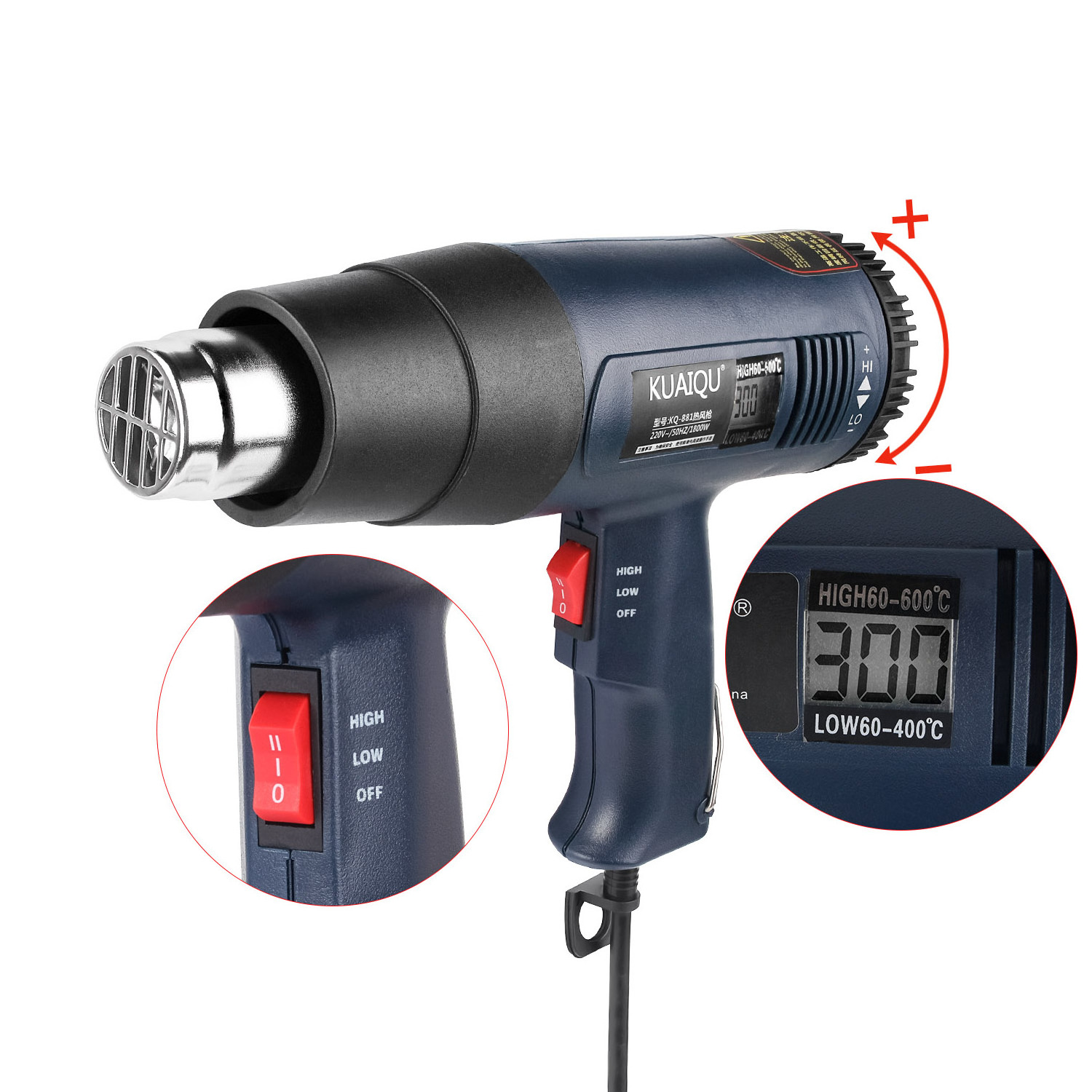 KQ881 60~600 1800W Digital LCD Display Portable Electric Heater Mobile Repairing Hot Air Soldering Gun With 7 Nozzles