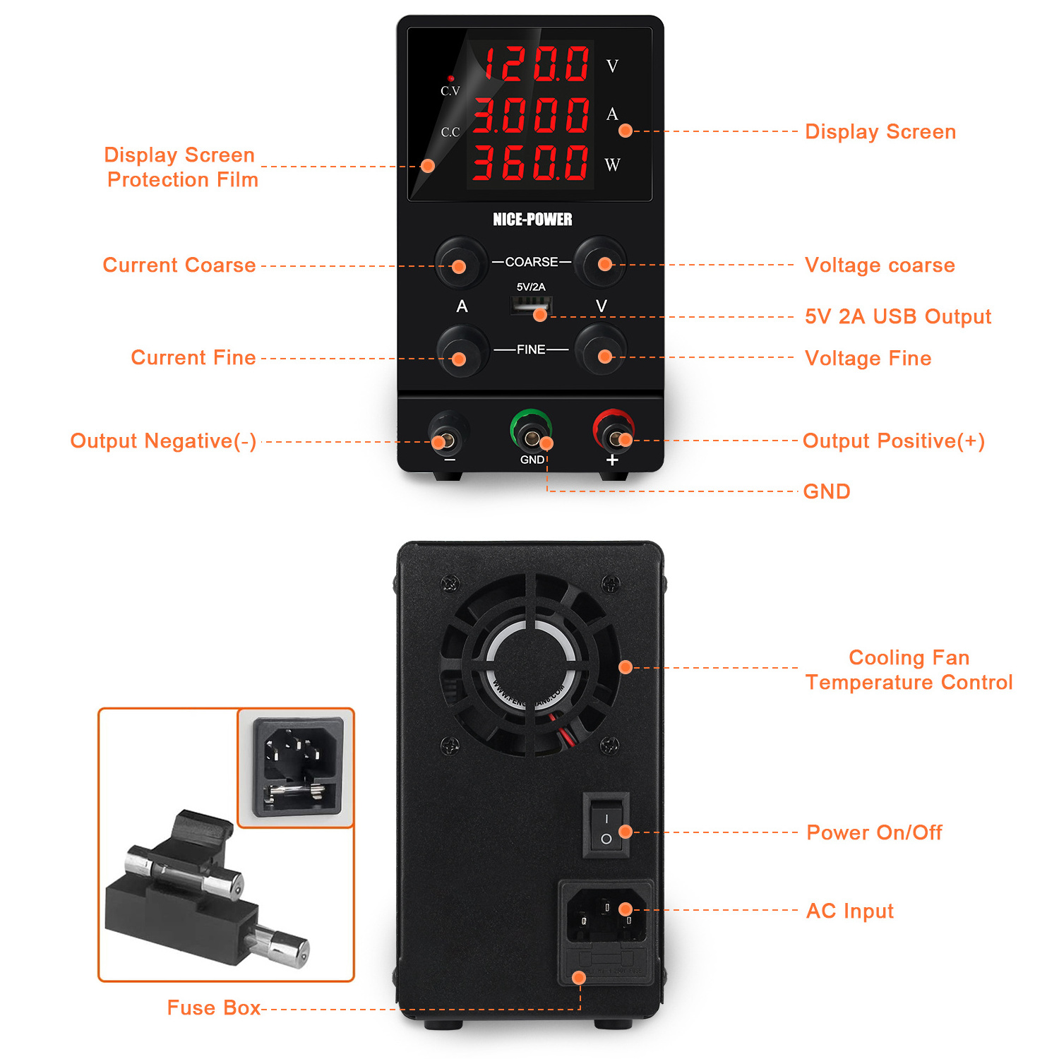 Nice Power Sps1203 120V 3A Black Desktop Variable Power Supply Laboratory Teaching Industrial Portable Maintenance Power Supply