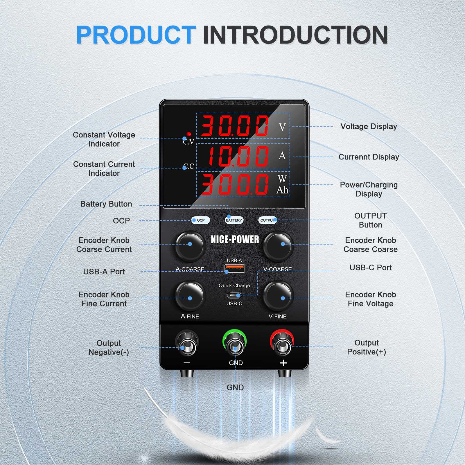 Nice Power SPS3010C 12V 24V 30V 10A Adjustable Battery Charging  Power Supply Regulated Switching Power Supply with OCP Function