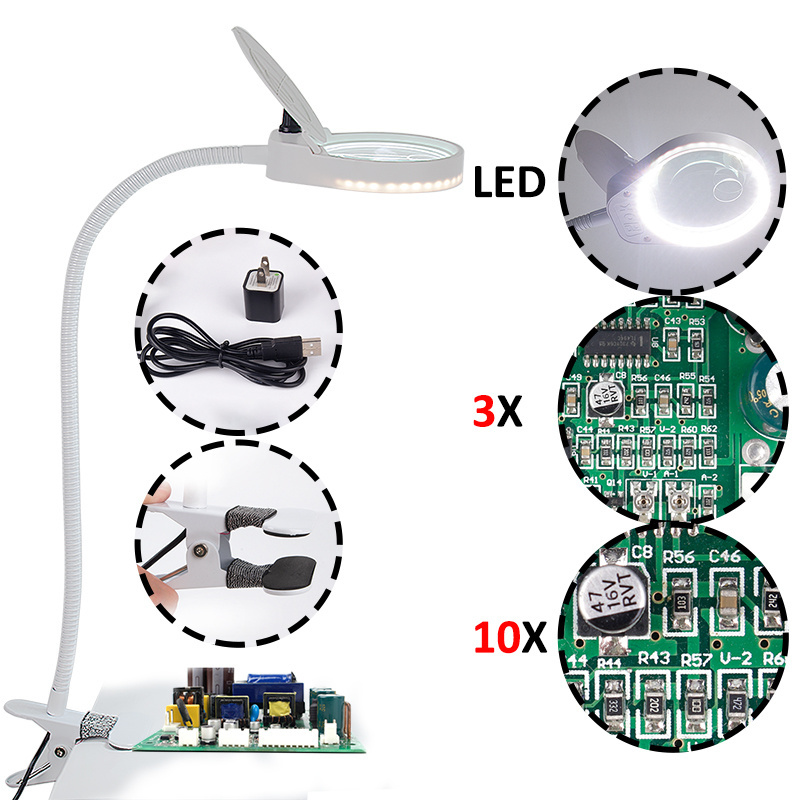 Reading Repairing Loupe 3X 10X Clip-on Desktop Adjustable Metal Gooseneck Bench Top Magnifier LED Lamp Magnify Glass