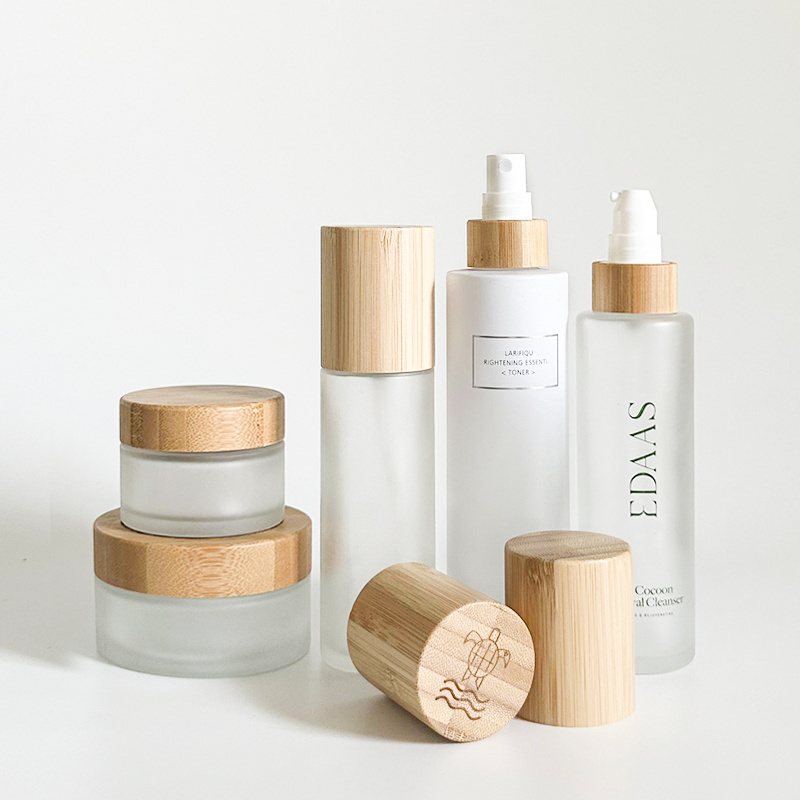 cosmetic packaging containers empty frosted lotion face cream glass jar bottle set with bamboo pump dropper spray lid