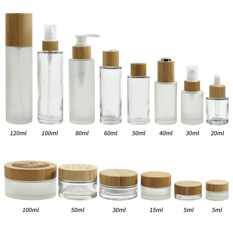 cosmetic packaging containers empty frosted lotion face cream glass jar bottle set with bamboo pump dropper spray lid