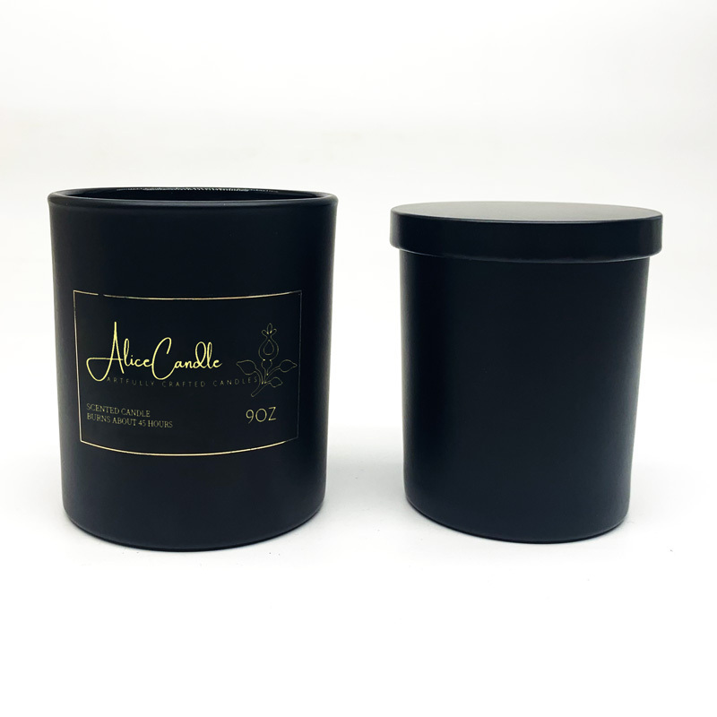 empty candle vessel luxury frosted matte black glass candle jars container with bamboo wood cork lid 8oz 10oz 14oz