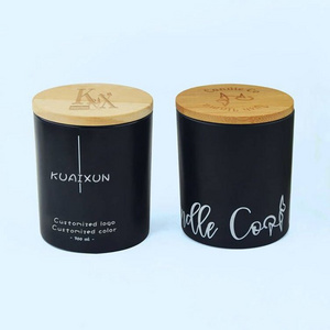 empty candle vessel luxury frosted matte black glass candle jars container with bamboo wood cork lid 8oz 10oz 14oz