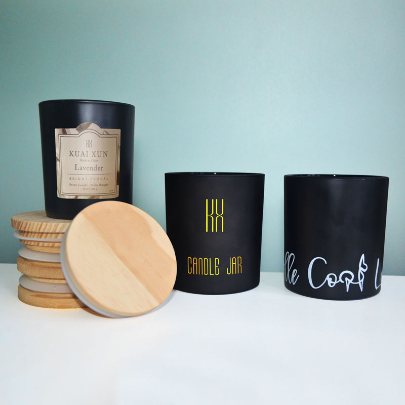 empty candle vessel luxury frosted matte black glass candle jars container with bamboo wood cork lid 8oz 10oz 14oz