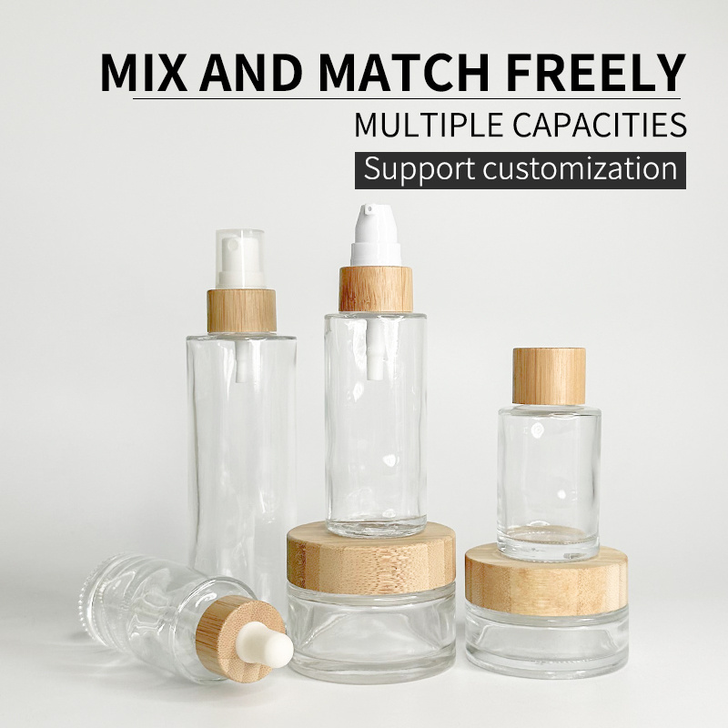 cosmetic packaging containers empty frosted lotion face cream glass jar bottle set with bamboo pump dropper spray lid