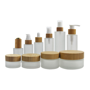 cosmetic packaging containers empty frosted lotion face cream glass jar bottle set with bamboo pump dropper spray lid