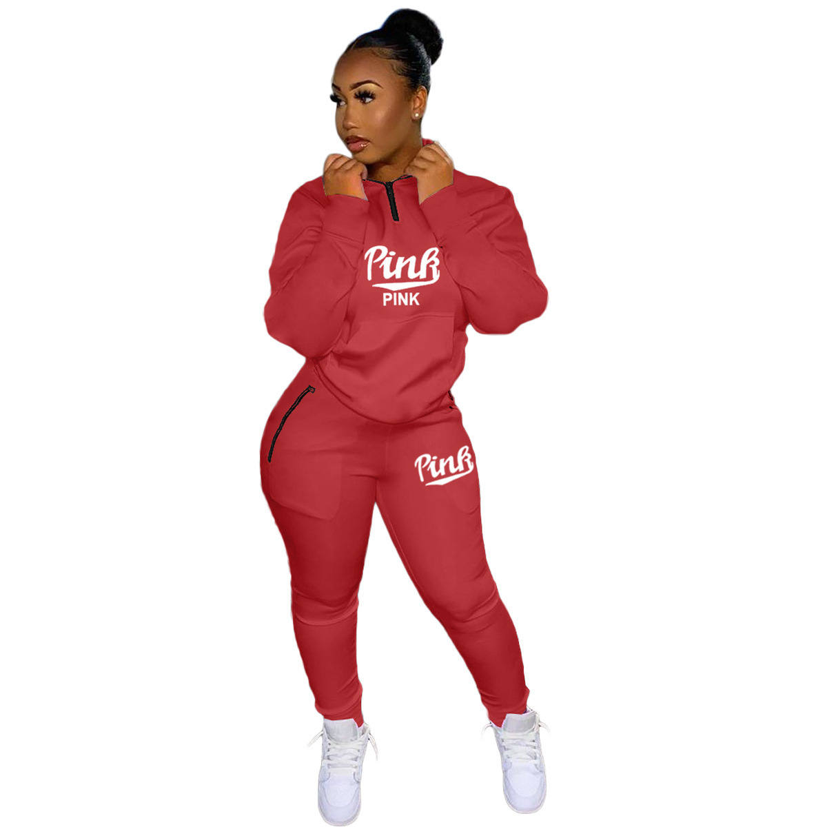 Fall Winter Tracksuits Two Piece Set Pink Letter Print Solid Casual Outfits Zip Sweatshirt + Pockets Pants Set Women Sweat Suit