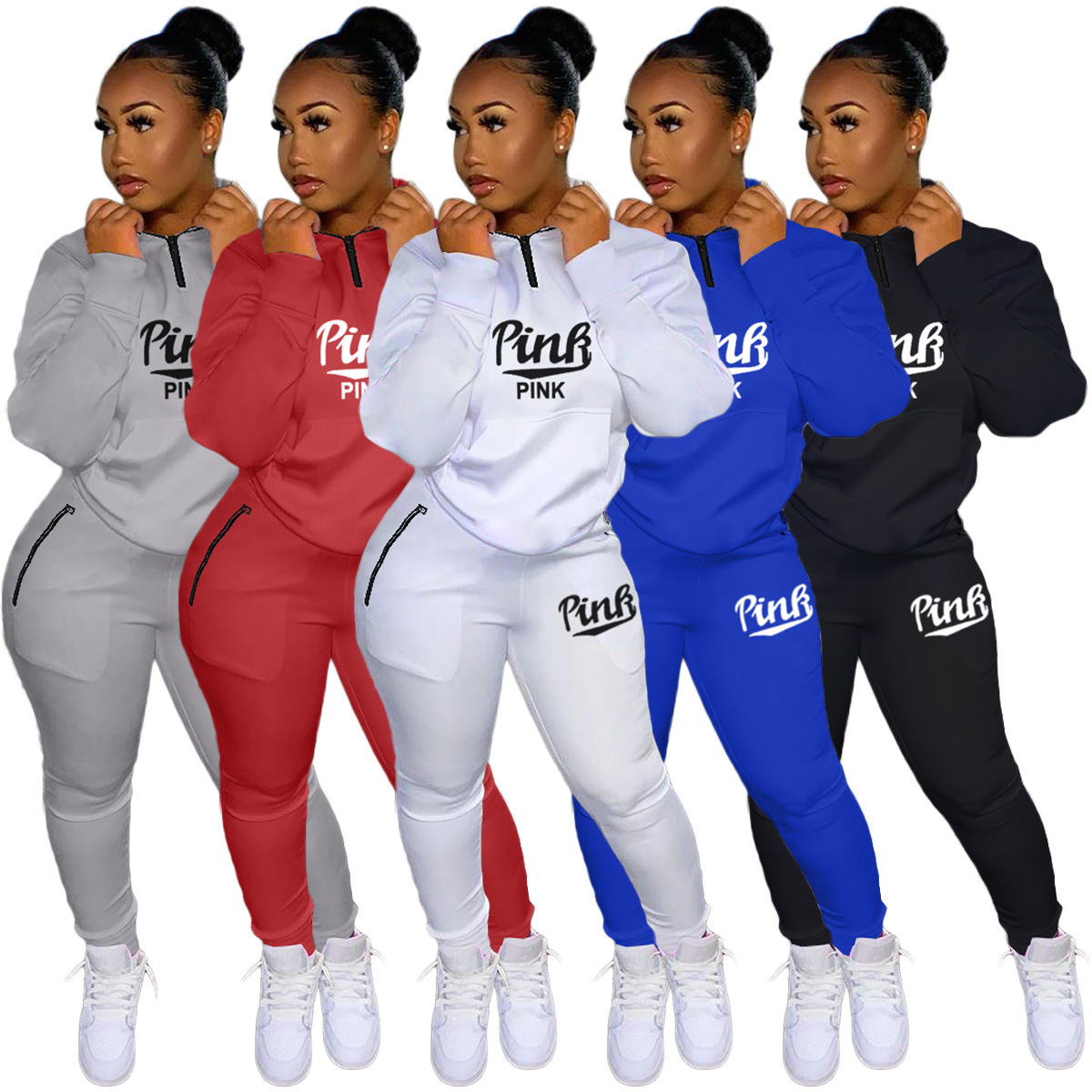 Fall Winter Tracksuits Two Piece Set Pink Letter Print Solid Casual Outfits Zip Sweatshirt + Pockets Pants Set Women Sweat Suit