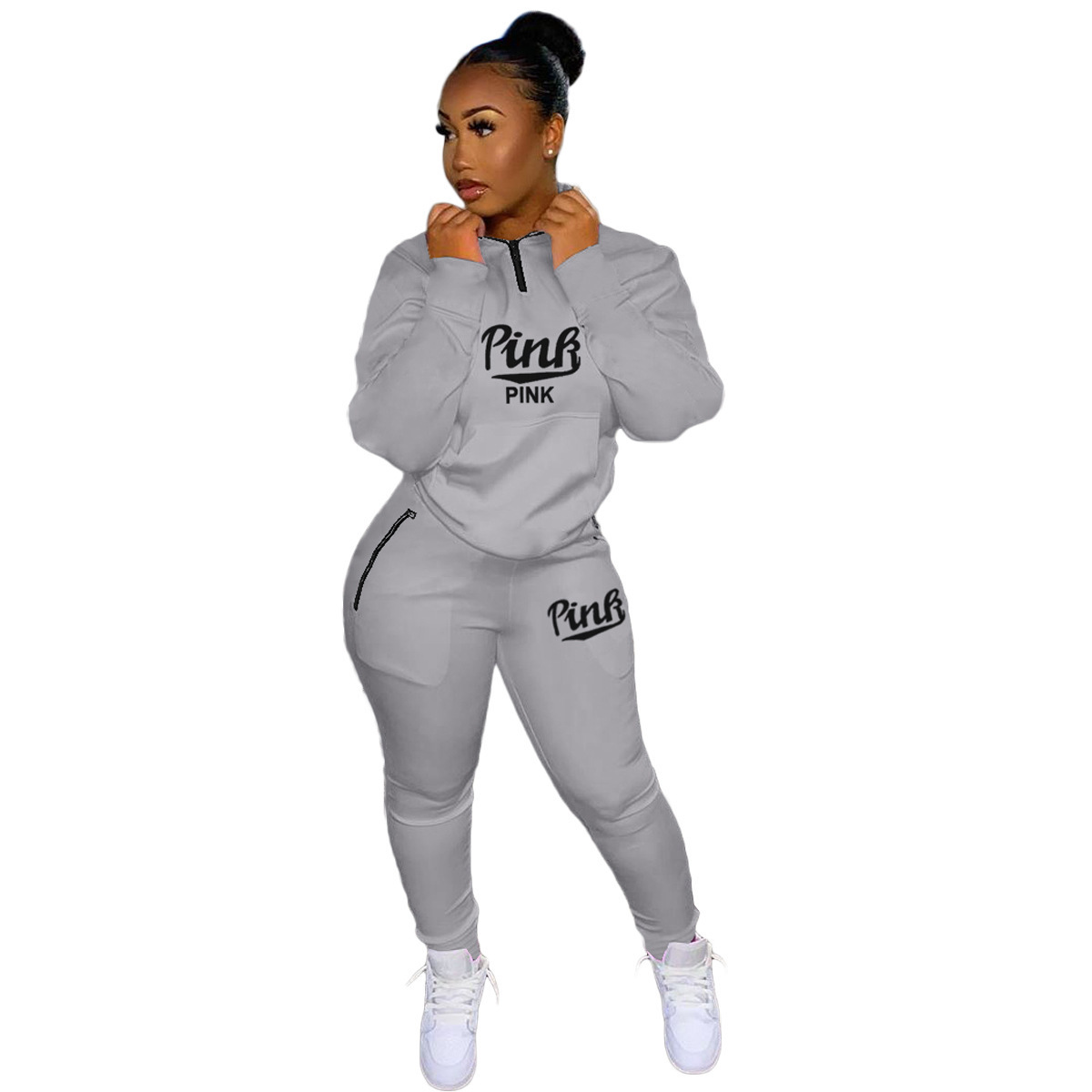 Fall Winter Tracksuits Two Piece Set Pink Letter Print Solid Casual Outfits Zip Sweatshirt + Pockets Pants Set Women Sweat Suit