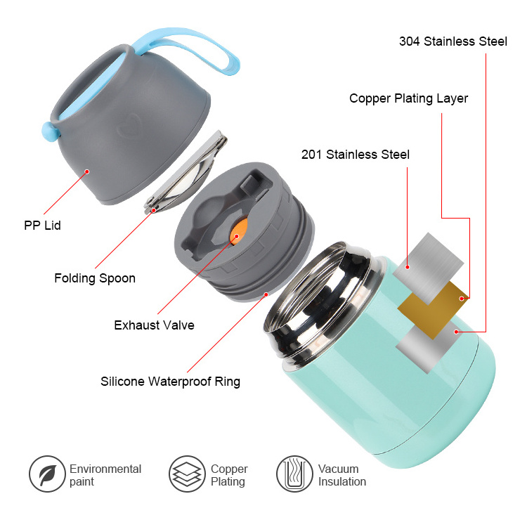 Kuangdi Vacuum Sealed Insulated Food Jar with Handle Lid, Stainless Steel Thermos Lunch Box Soup Container with Spoon