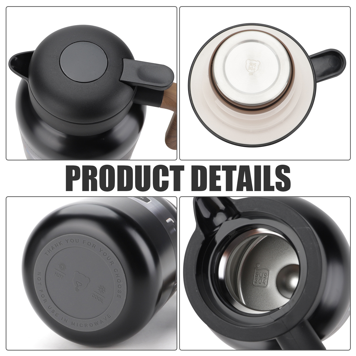 Environmental Double Wall Stainless Steel Vacuum Insulated Coffee Carafe Thermos Hot Water Tea Pot with Wood Grain Handle