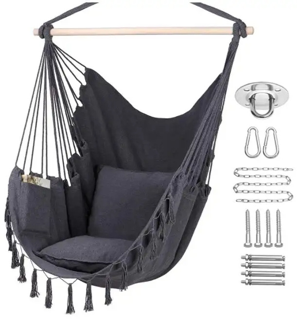 Hammock Chair Hanging Rope Swing, 2 Cushions Included Large Macrame Hanging Chair with Pocket`