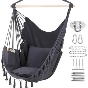 Hammock Chair Hanging Rope Swing, 2 Cushions Included Large Macrame Hanging Chair with Pocket`