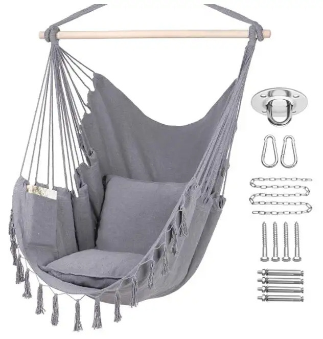 Hammock Chair Hanging Rope Swing, 2 Cushions Included Large Macrame Hanging Chair with Pocket`