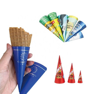 Disposable Custom Aluminum Foil coated Ice Cream Cone Paper Sleeves Conic Cone Paper Wrapping Holder for ice cream dessert snack