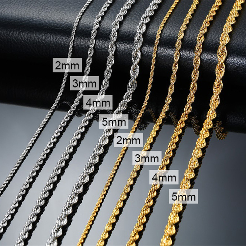 Wholesale Custom 2mm 3mm 4mm 5mm Stainless Steel Plated 14k 18k Gold Vermeil Thin Rope Chain Necklace Twisted Rope Gold Chain