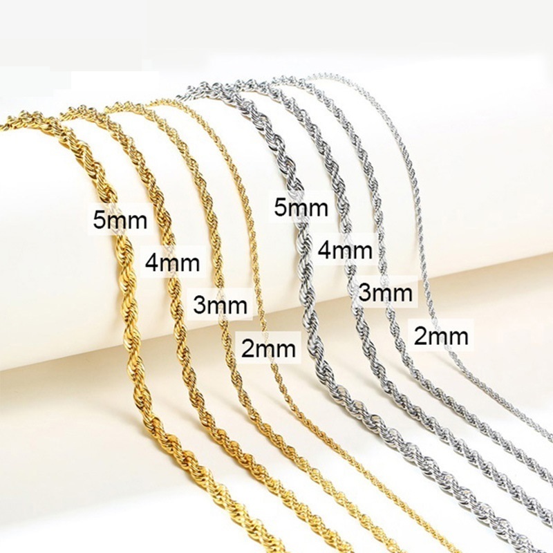 Wholesale Custom 2mm 3mm 4mm 5mm Stainless Steel Plated 14k 18k Gold Vermeil Thin Rope Chain Necklace Twisted Rope Gold Chain