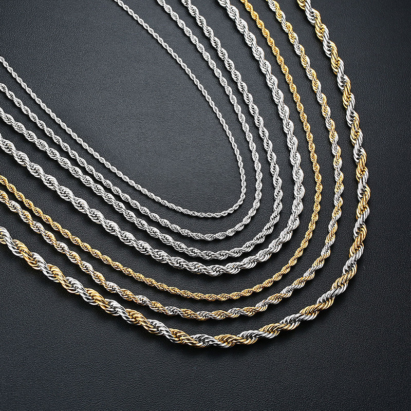 Wholesale Custom 2mm 3mm 4mm 5mm Stainless Steel Plated 14k 18k Gold Vermeil Thin Rope Chain Necklace Twisted Rope Gold Chain