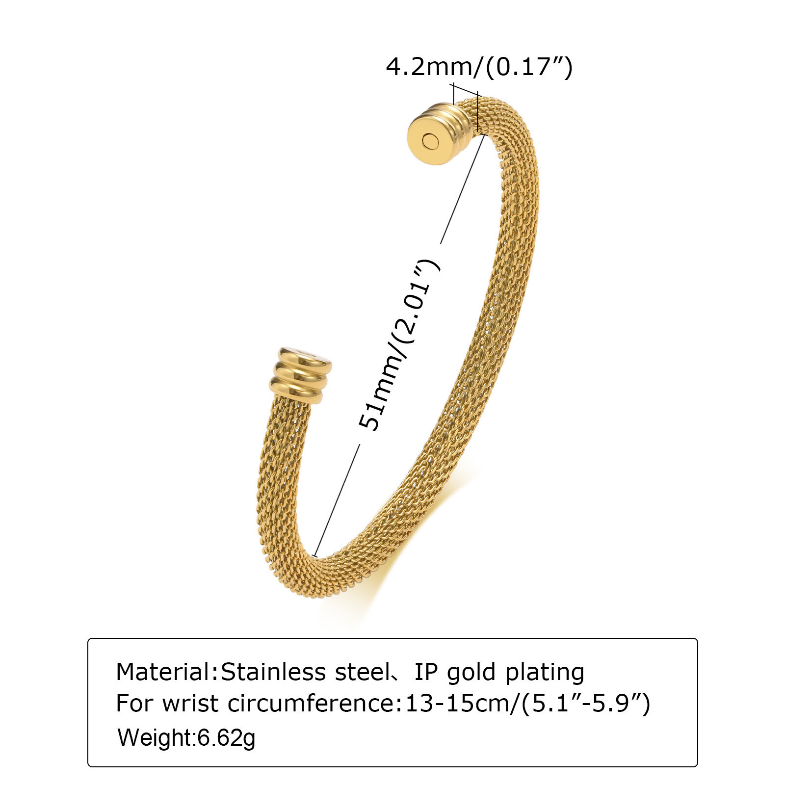 Factory Customize Ladies Trendy Fashion Stainless Steel Gold Plated Stiff Round Mesh Net Open Cuff Bangles Bracelets