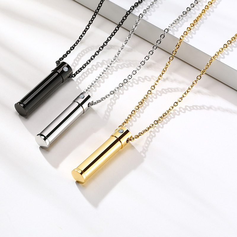 Gold Black Plated Urn Pendant Single Cubic Zircon Inlay Cylinder Cremation Pet Dog Urn Ash Memory Pendant Necklace