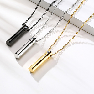 Gold Black Plated Urn Pendant Single Cubic Zircon Inlay Cylinder Cremation Pet Dog Urn Ash Memory Pendant Necklace