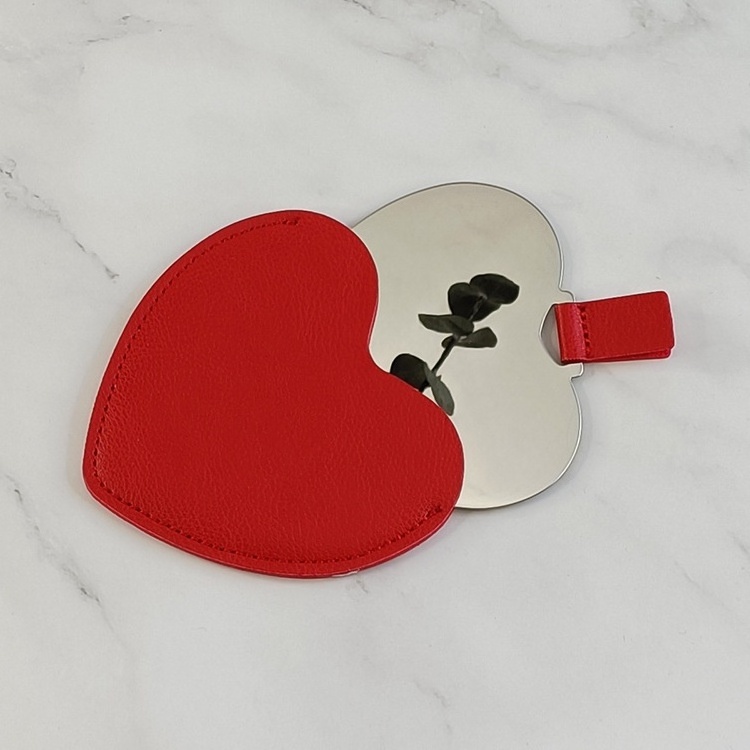 Heart Shaped Pocket Shatterproof Mirror With Pu Leather Bag Mini Mirror Portable For Travel Custom Logo Stainless Steel Mirror