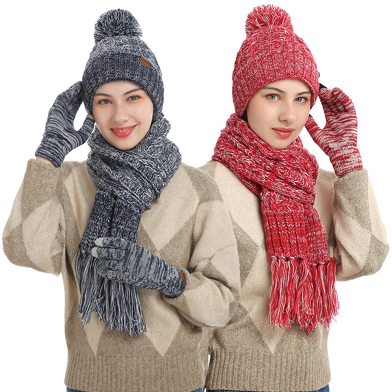 Winter Warm Beanie Hat Scarf Gloves 3 PCS Set For Women Men Slouchy Thick Knit Skull Cap Touch Screen Mittens Tassel Scarves