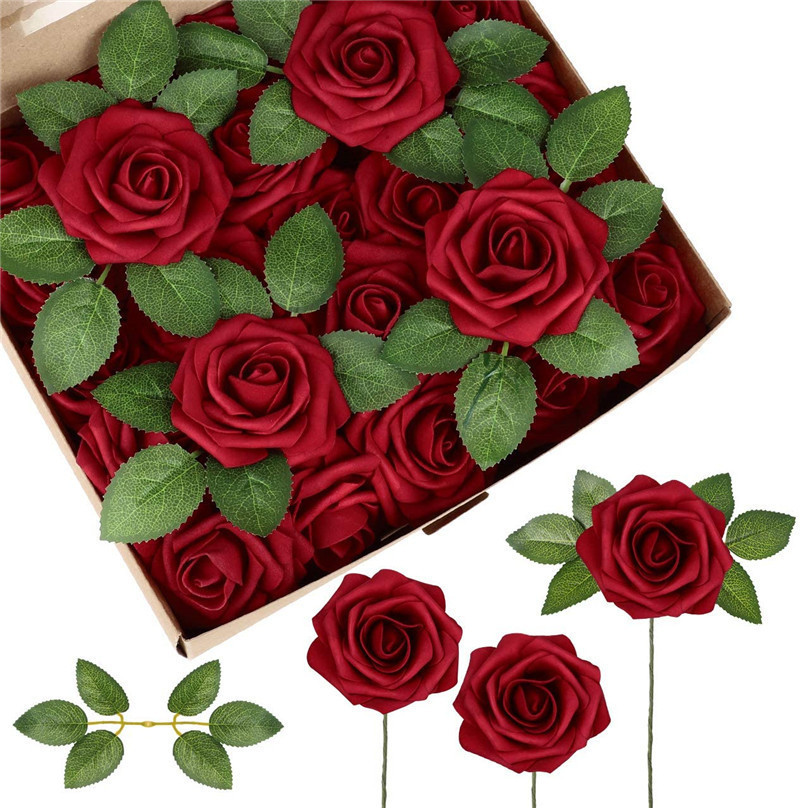 2024 25Pcs/Box  Artificial Foam Rose Flowers with Stem for Cake Decoration Foam Rose Bulk Wholesale 8cm