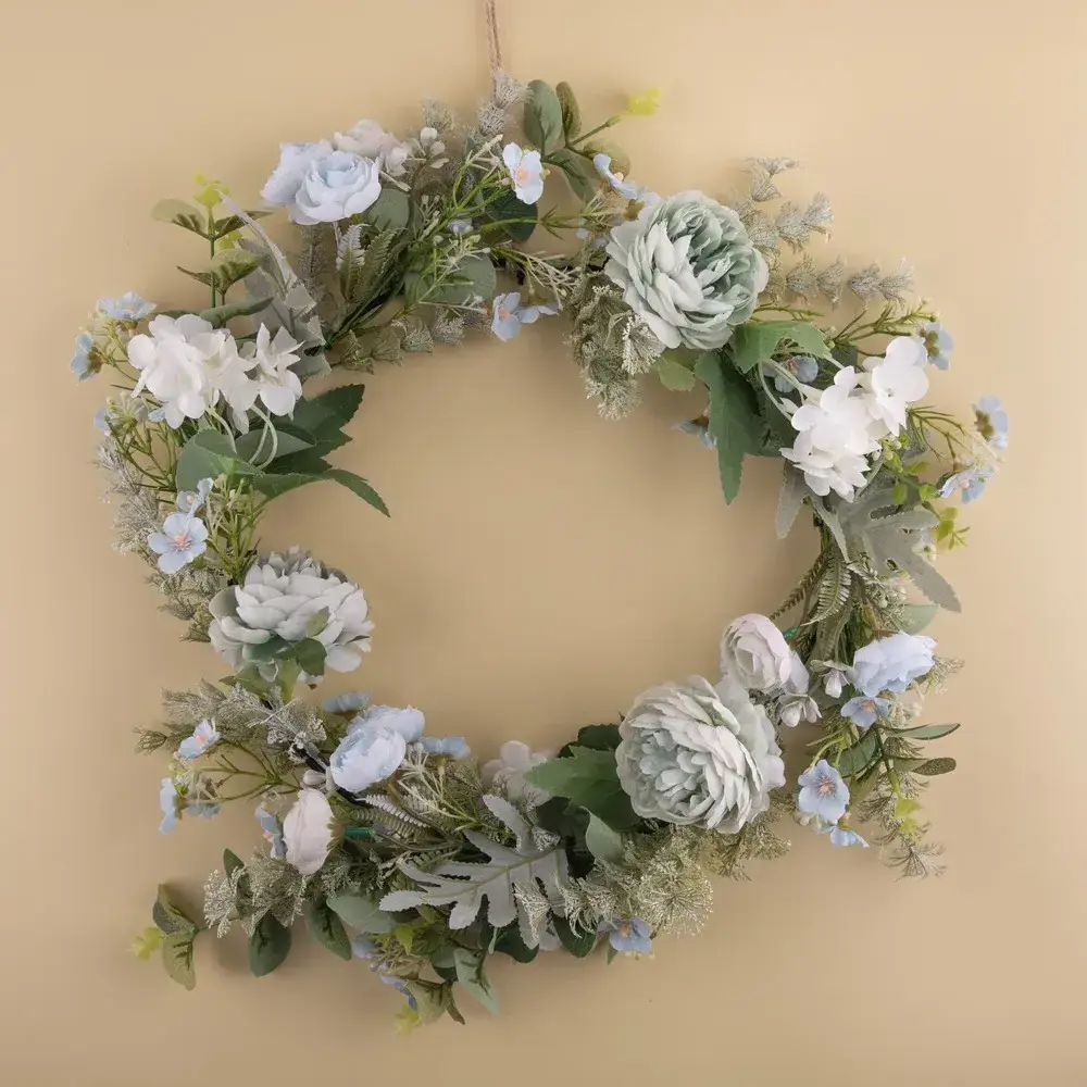 2023 hot light blue artificial rose hydrangea wreath new design garden wedding decoration flower wall backdrop