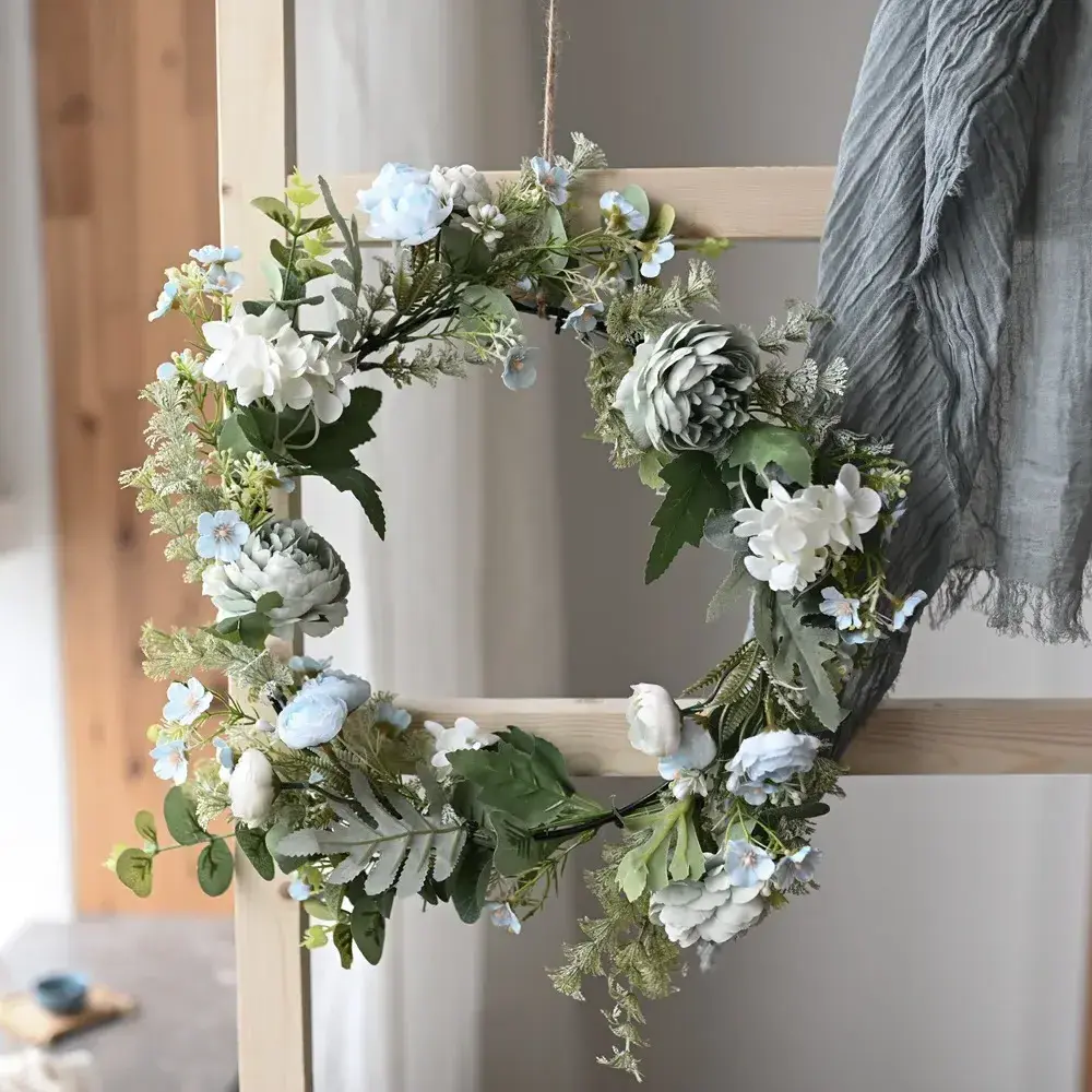 2023 hot light blue artificial rose hydrangea wreath new design garden wedding decoration flower wall backdrop