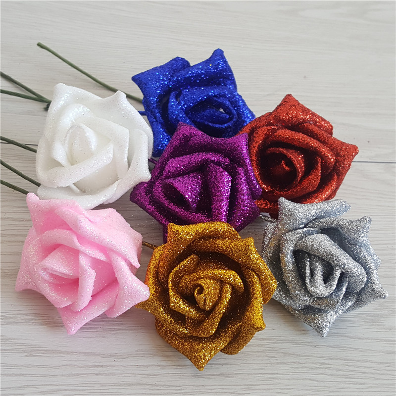 2024 hot sale Glitter PE Rose Flower Head Spraying gold powder Pe Foam Artificial Pink Rose Flower Heads Christmas Decoration