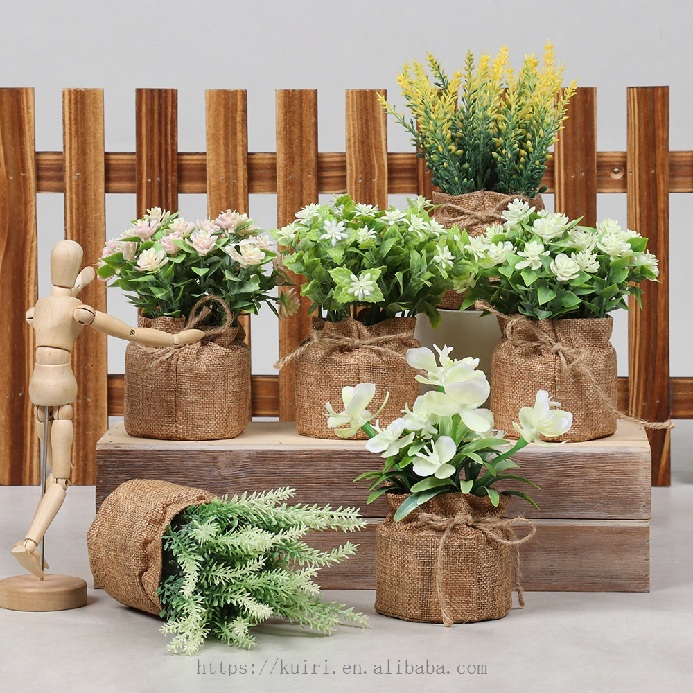 2024 Home office decoration mini faux table top plastic artificial paper potted in sacks greenery Bonsai flower plants