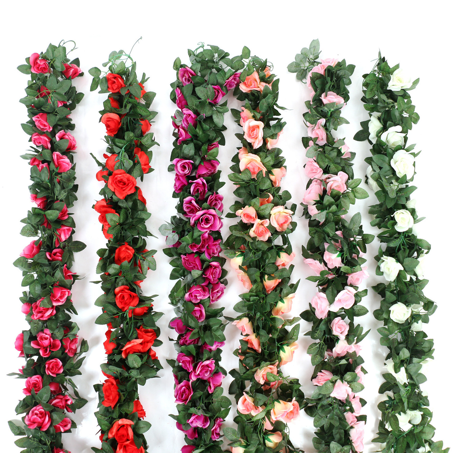 220cm Artificial Garland with 16pcs White Roses Green Leaves Fabric Floral Backdrop Wall Decor for Weddings Events Graduations