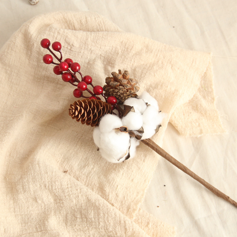 33cm Fake Artificial Red Berry Pine Cones Stems Cotton Picks Branch For Christmas Garland Decorations and Holiday