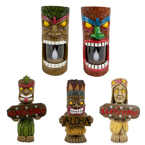 Outdoor Bar Decor Cocktail Tiki Head Solar Powered Flickering LED Solar Garden Tiki Statue