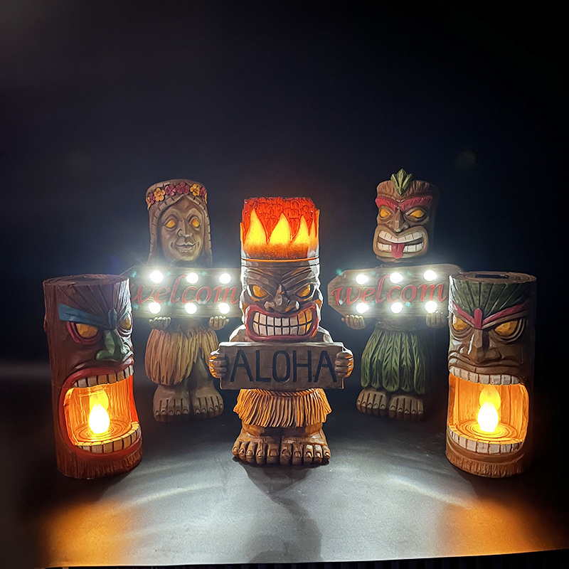 Outdoor Bar Decor Cocktail Tiki Head Solar Powered Flickering LED Solar Garden Tiki Statue