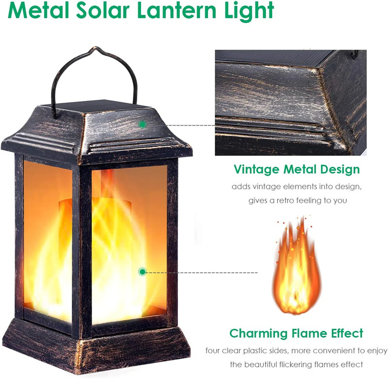 Solar Lights Metal Flickering Flame Solar Lantern Outdoor Hanging Lanterns Lighting Heavy Duty