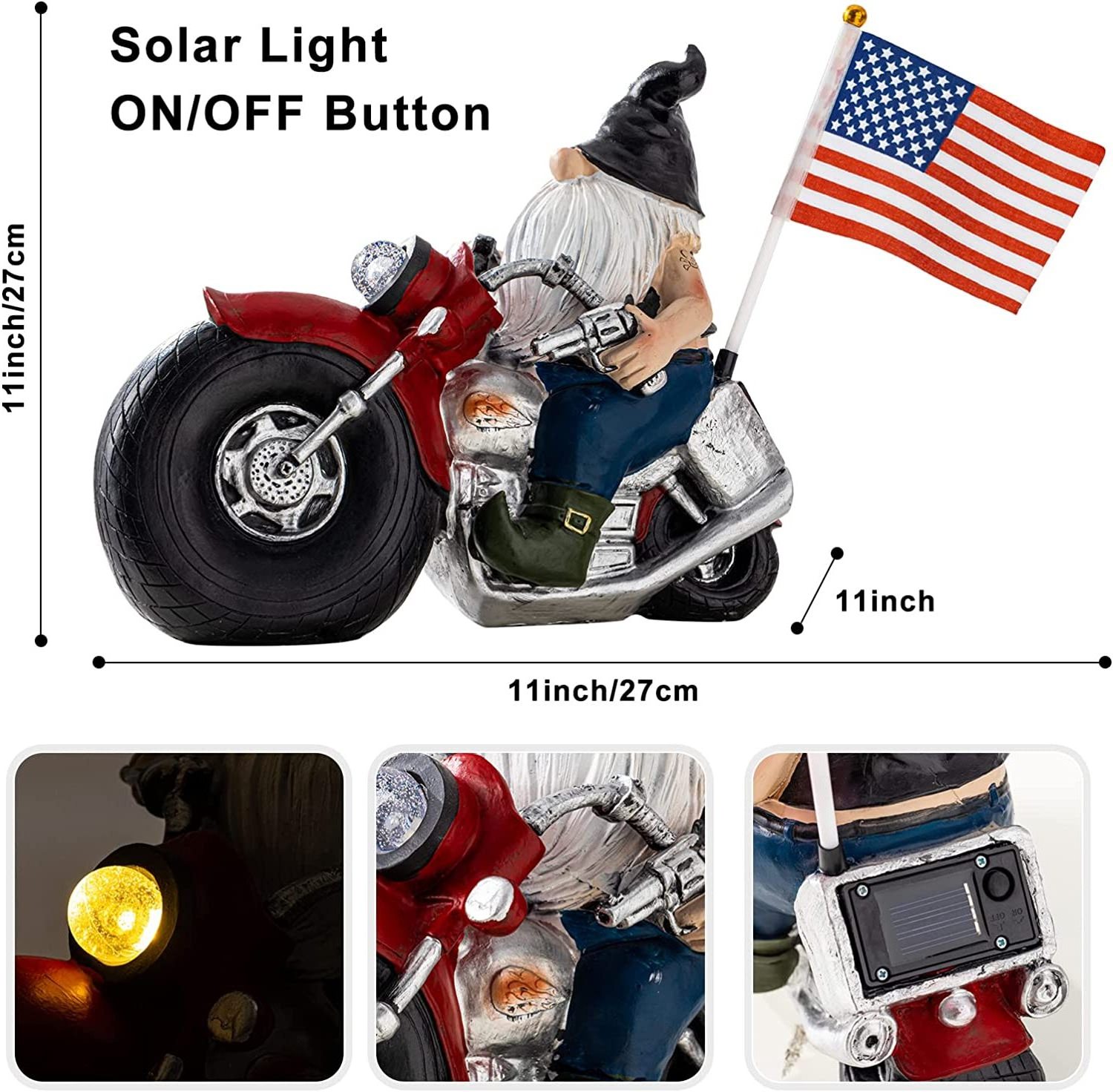 Solar Garden Gnome Statue, Motorcycle Gnome Figurine Outdoor Clearance With LED Lights Resin Garden Decoration