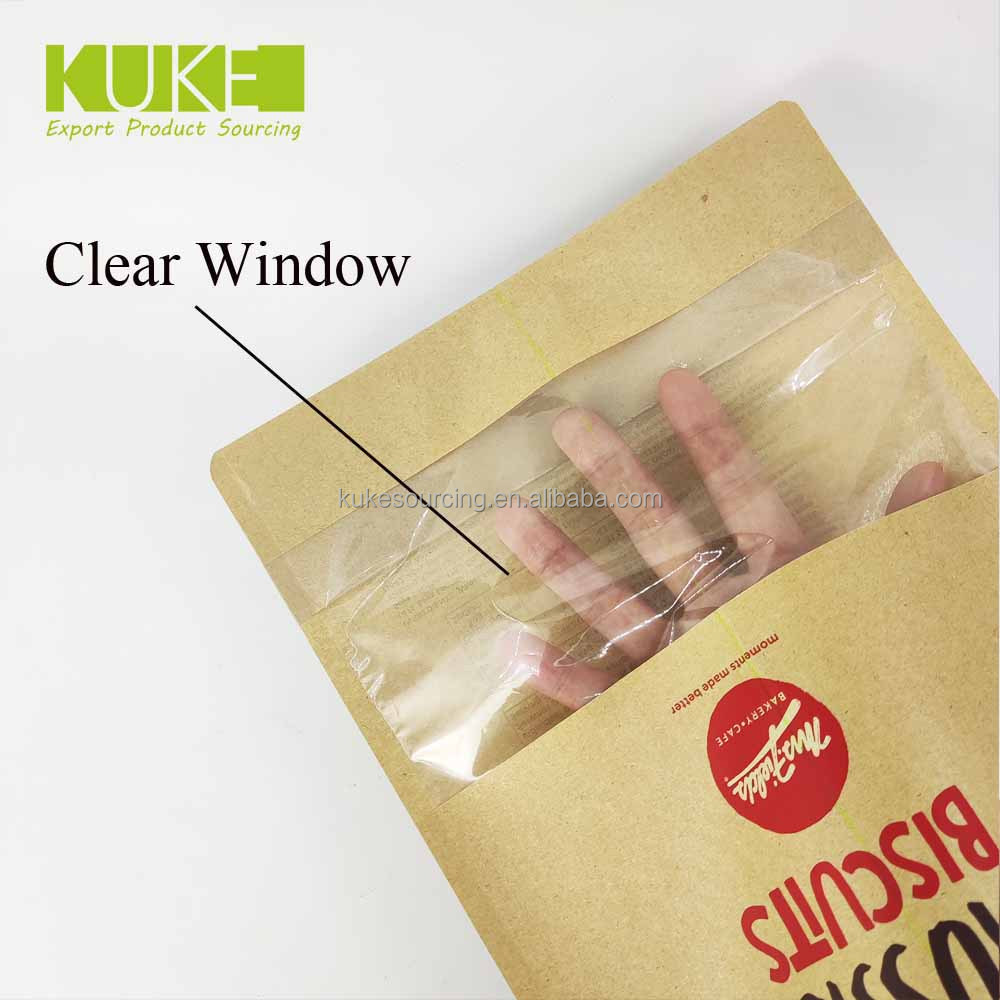 Clear Window Brown Kraft Paper Bag Stand Up Ziplock Pouch Mylar Biscuits Powder Dry Food Packaging