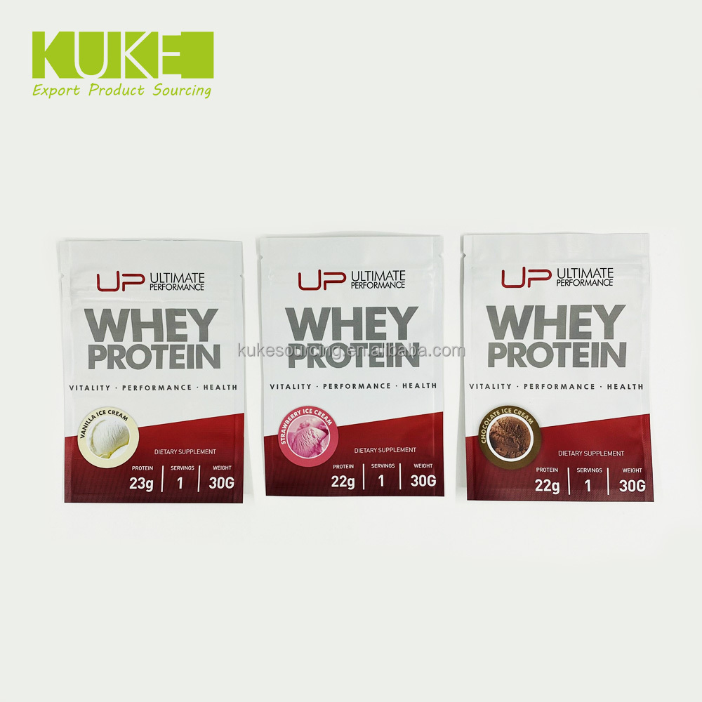 Free samples aluminum isolate whey protein powder 3 side seal bags sachet zipper packing