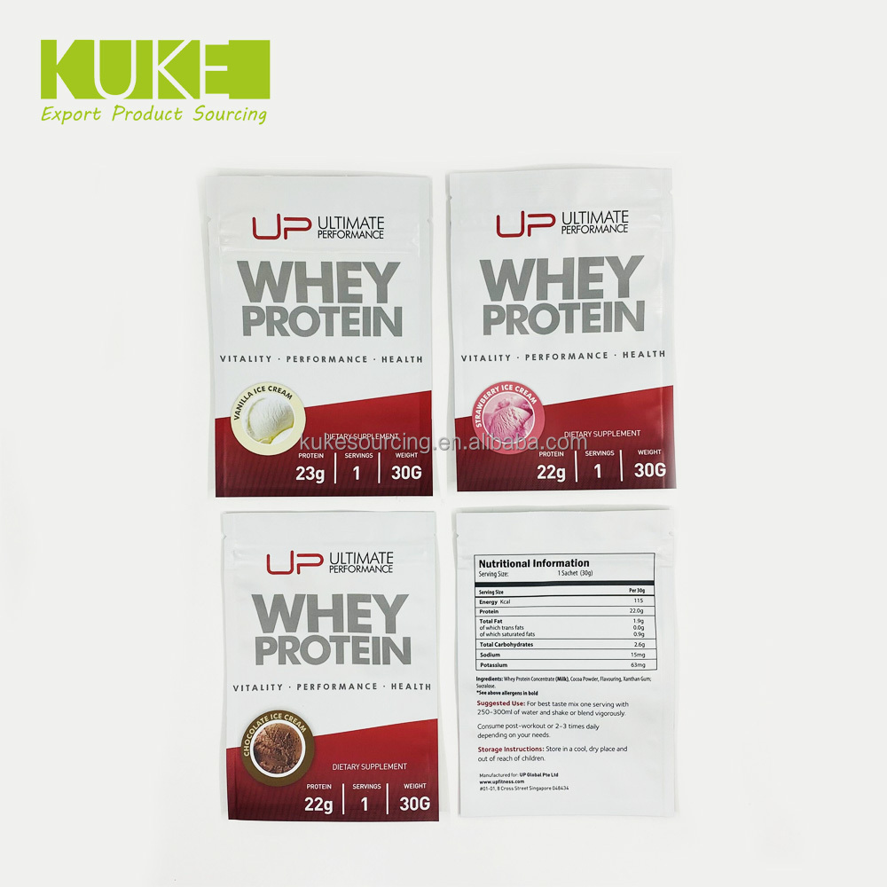 Free samples aluminum isolate whey protein powder 3 side seal bags sachet zipper packing