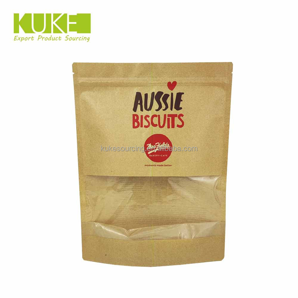 Clear Window Brown Kraft Paper Bag Stand Up Ziplock Pouch Mylar Biscuits Powder Dry Food Packaging