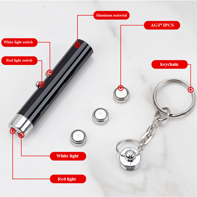 Mini Aluminum White LED Flashlight Red Laser Pointer with Keychain Pocket Portable Mini Cat Toy Laser Led Light Pen